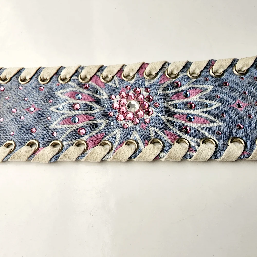 OOAK Textile blue, hot pink rhinestone and suede band snap button bracelet,